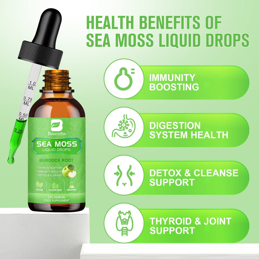 Label shows burdock root and spirulina in B BEWORTHS Sea Moss formula