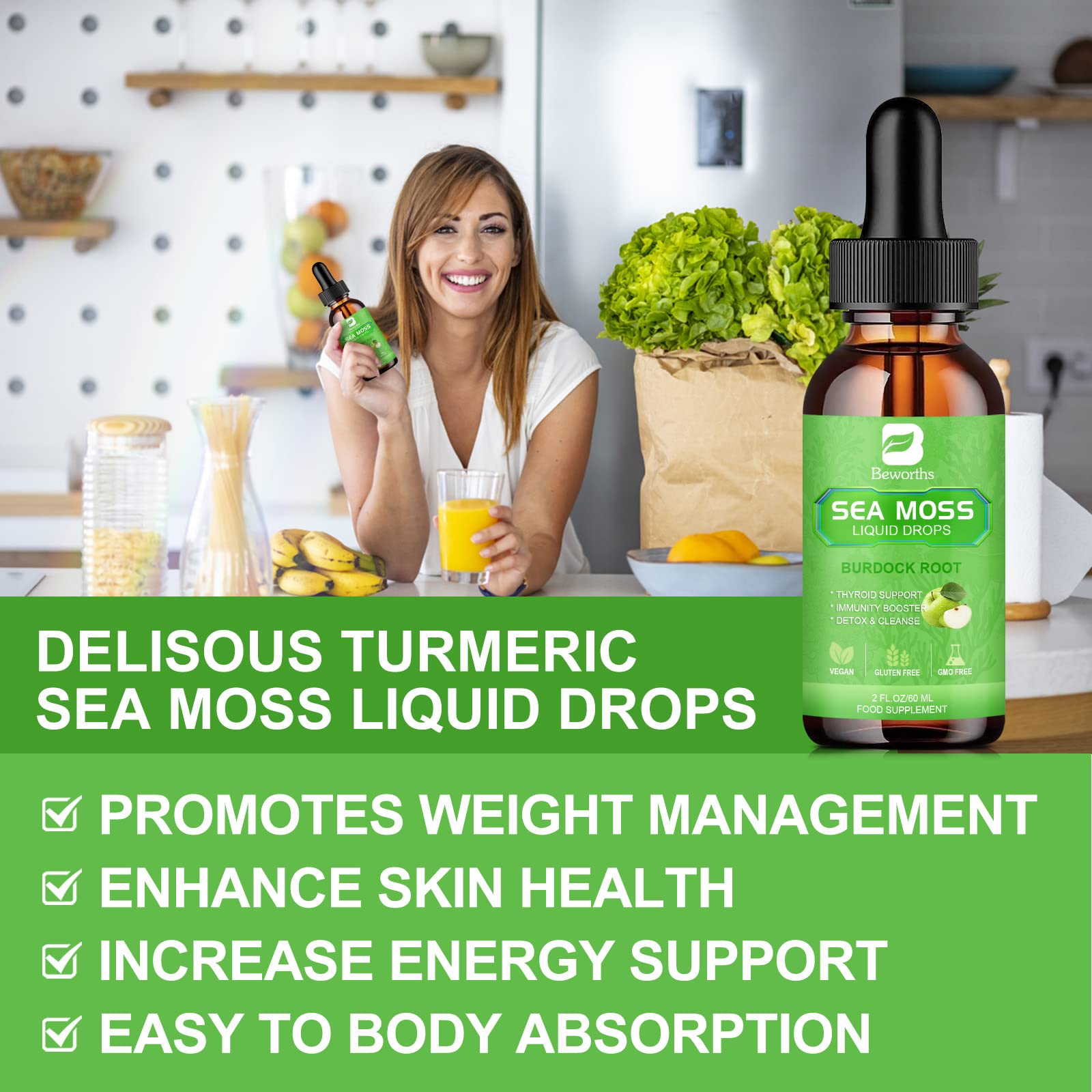 B BEWORTHS Sea Moss drops added to smoothie for easy daily use