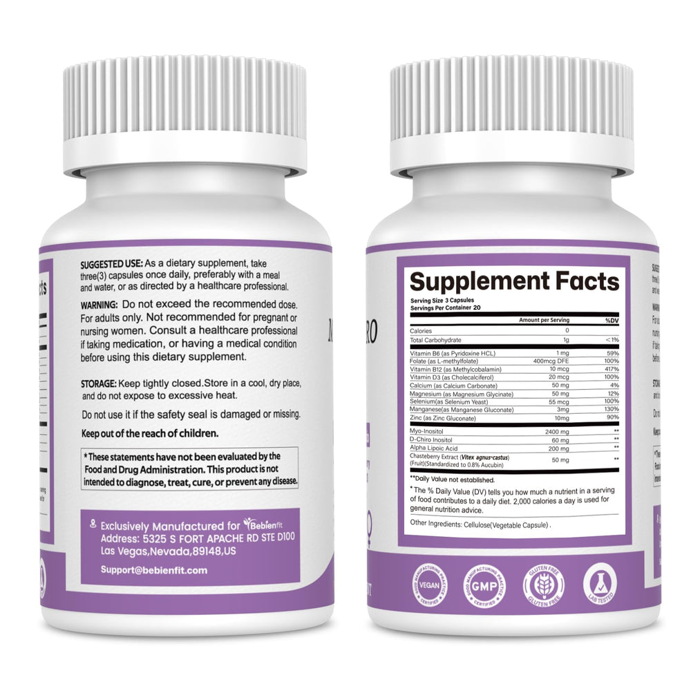 Bebien fit label close-up highlighting 40:1 Myo-Inositol to D-Chiro Inositol ratio