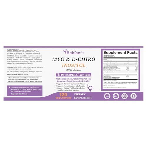 Bebien fit 40:1 ratio graphic emphasizes 2400mg Myo-Inositol and 60mg D-Chiro