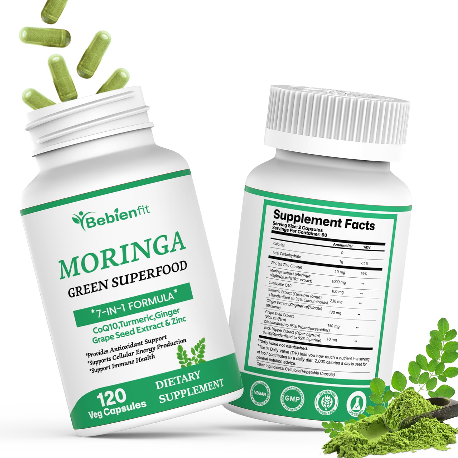 Bebien fit Moringa Capsules bottle closeup showing 7-in-1 formula and energy support