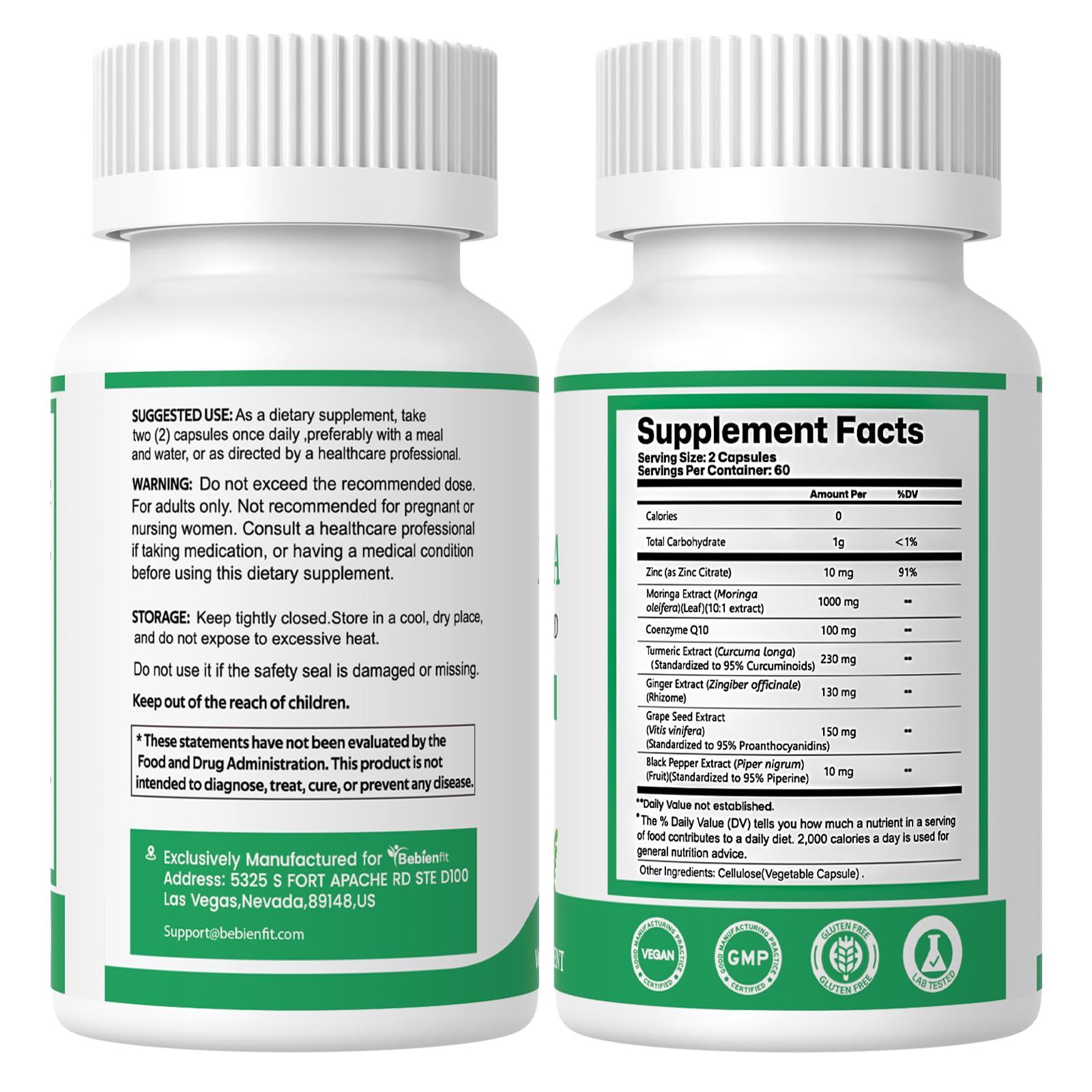 Bebien fit Moringa Capsules bottle front with clean vegan packaging