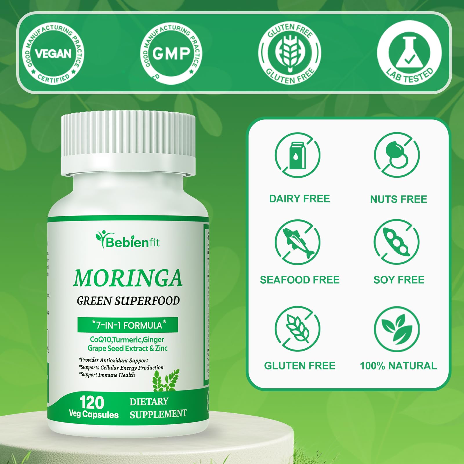 Bebien fit Moringa Capsules ingredients label closeup featuring turmeric and zinc
