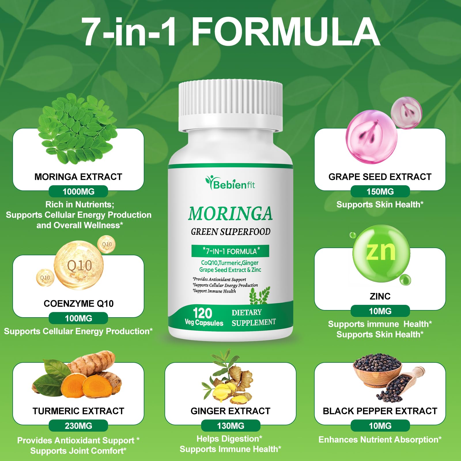 Close-up of Bebien fit Moringa capsules ingredients including CoQ10 turmeric and grape seed
