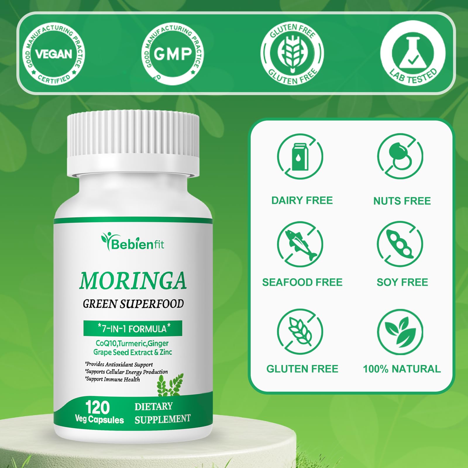 Label on Bebien fit Moringa capsules highlighting the 7 in 1 blend
