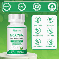 Label on Bebien fit Moringa capsules highlighting the 7 in 1 blend