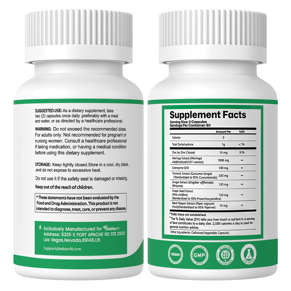 Packaging copy showing vegan and gluten-free claims of Bebien fit Moringa capsules