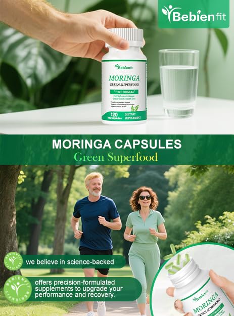 Pills of Bebien fit Moringa with herbal accents suggesting natural antioxidant benefits