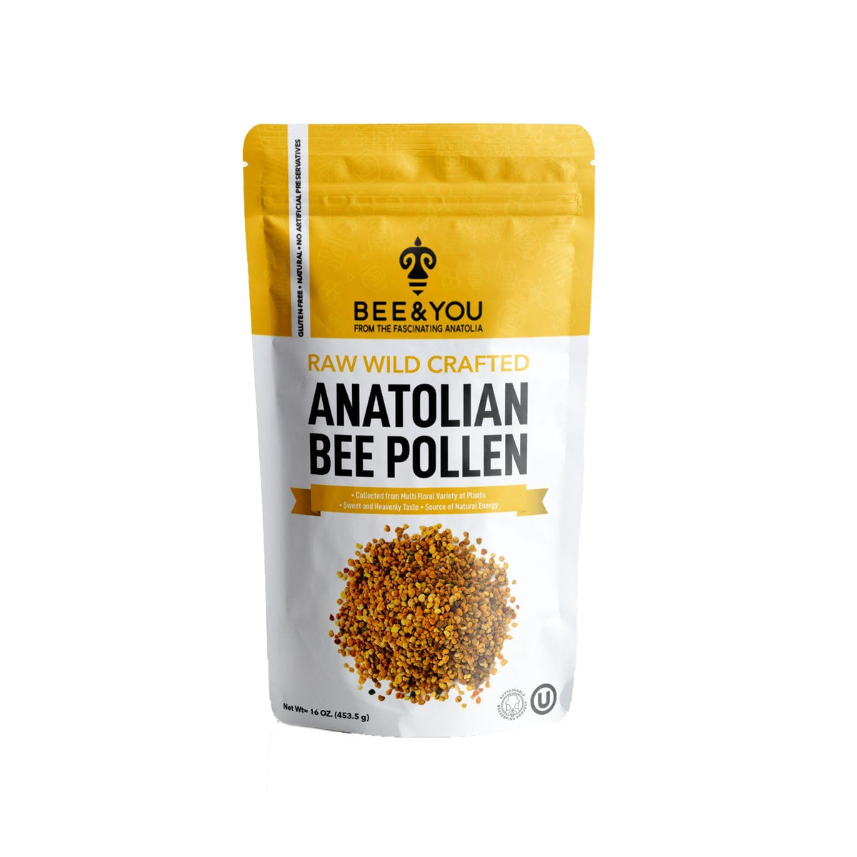 Bee & You Bee Pollen Granules 16oz bag front view for versatile, nutrient-rich supplementation.