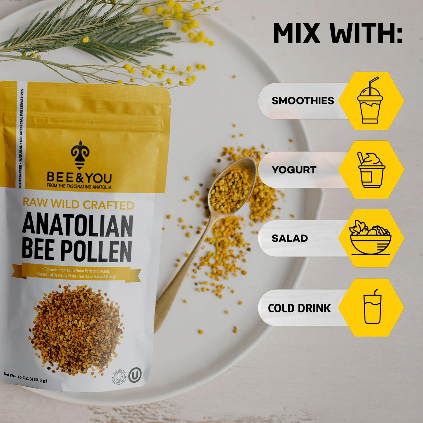Bee & You pollen sprinkled over yogurt enhances texture and flavor for a healthy snack.