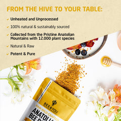 Close-up texture of Bee Pollen Granules highlighting natural golden granules and purity.