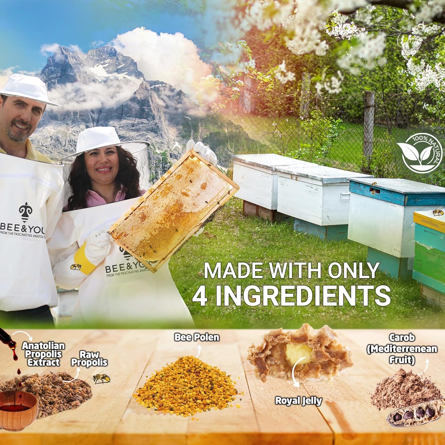 Bee & You Bee Pollen tablet closeup — complete food for energy and vitality.