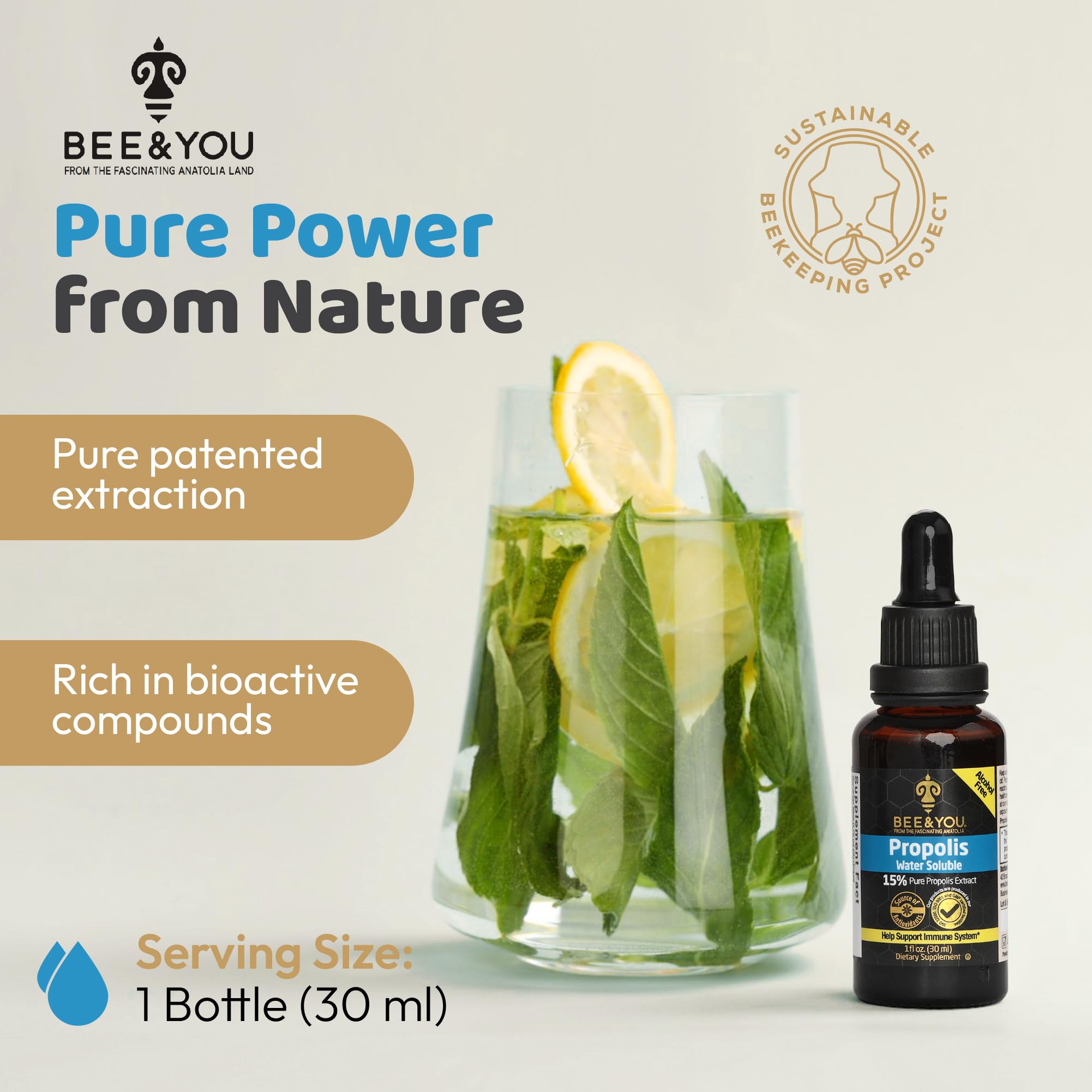 Bee & You propolis drops daily dose bottle close up