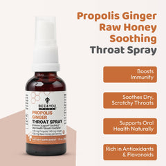 Bee & You Propolis Ginger Honey spray label highlighting key ingredients and claims