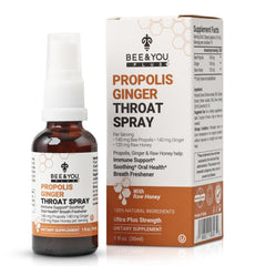 Bee & You Propolis Ginger Raw Honey throat spray bottle showing product in use as soothing option