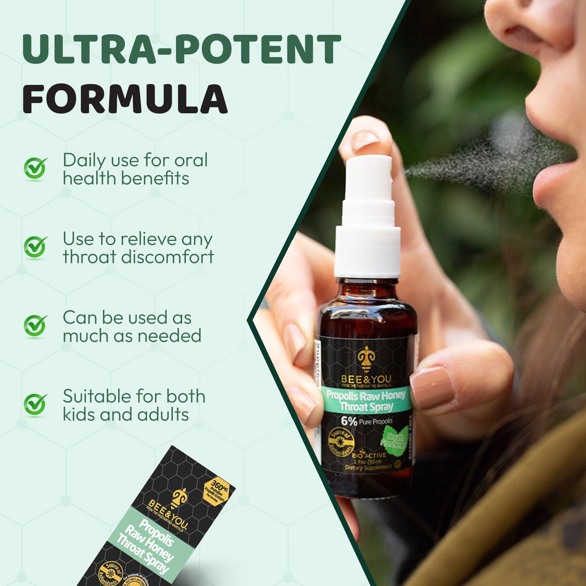 Bee & You Propolis Throat Spray honey blend enhances natural oral care.