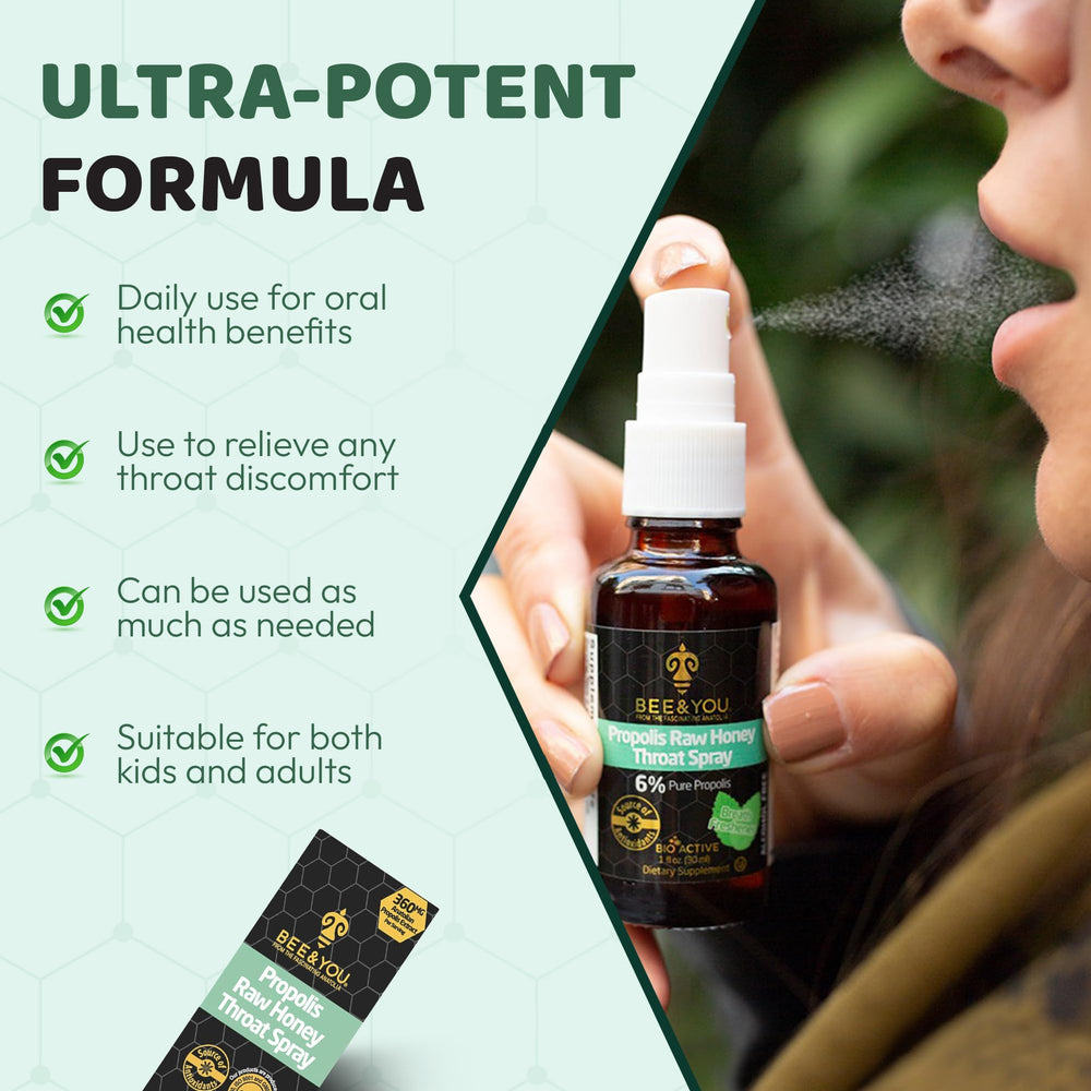 Bee & You Propolis Throat Spray honey blend enhances natural oral care.