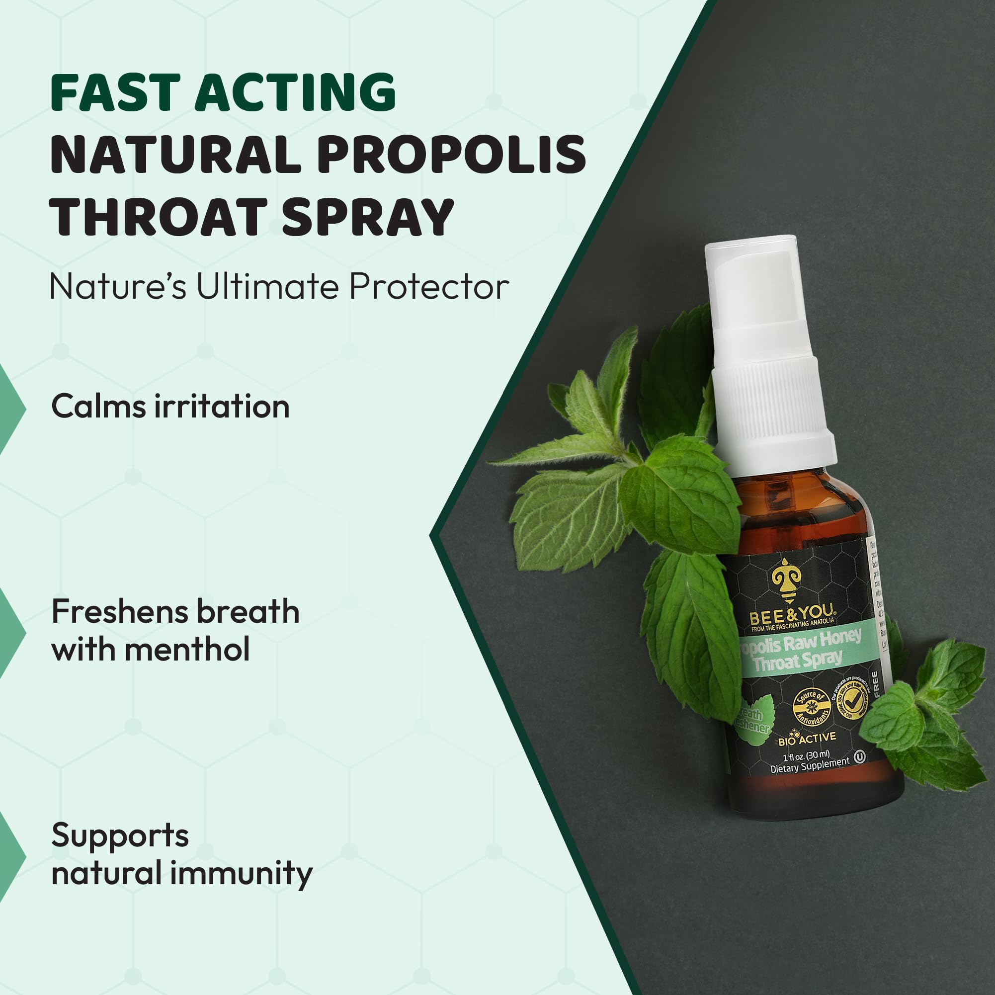 Bee & You Propolis Throat Spray mist application for soothing throat comfort.