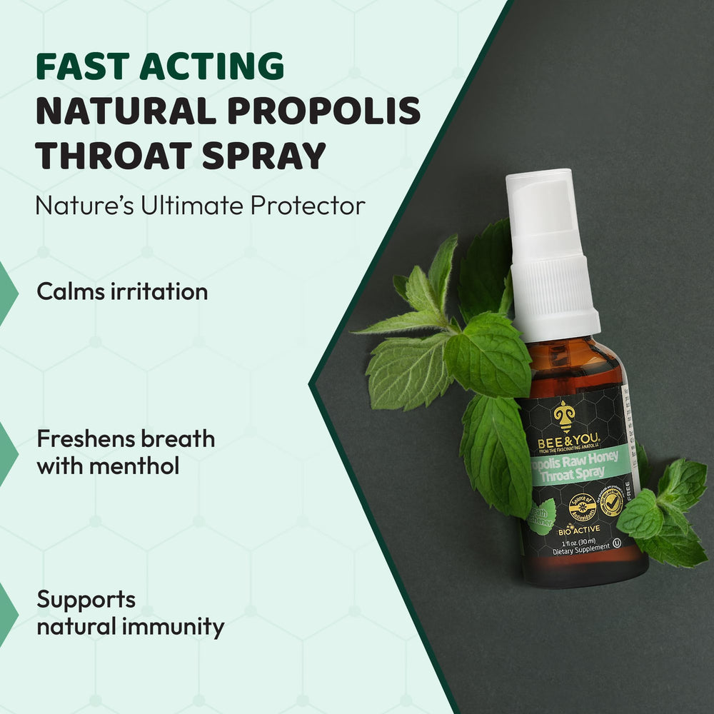 Bee & You Propolis Throat Spray mist application for soothing throat comfort.