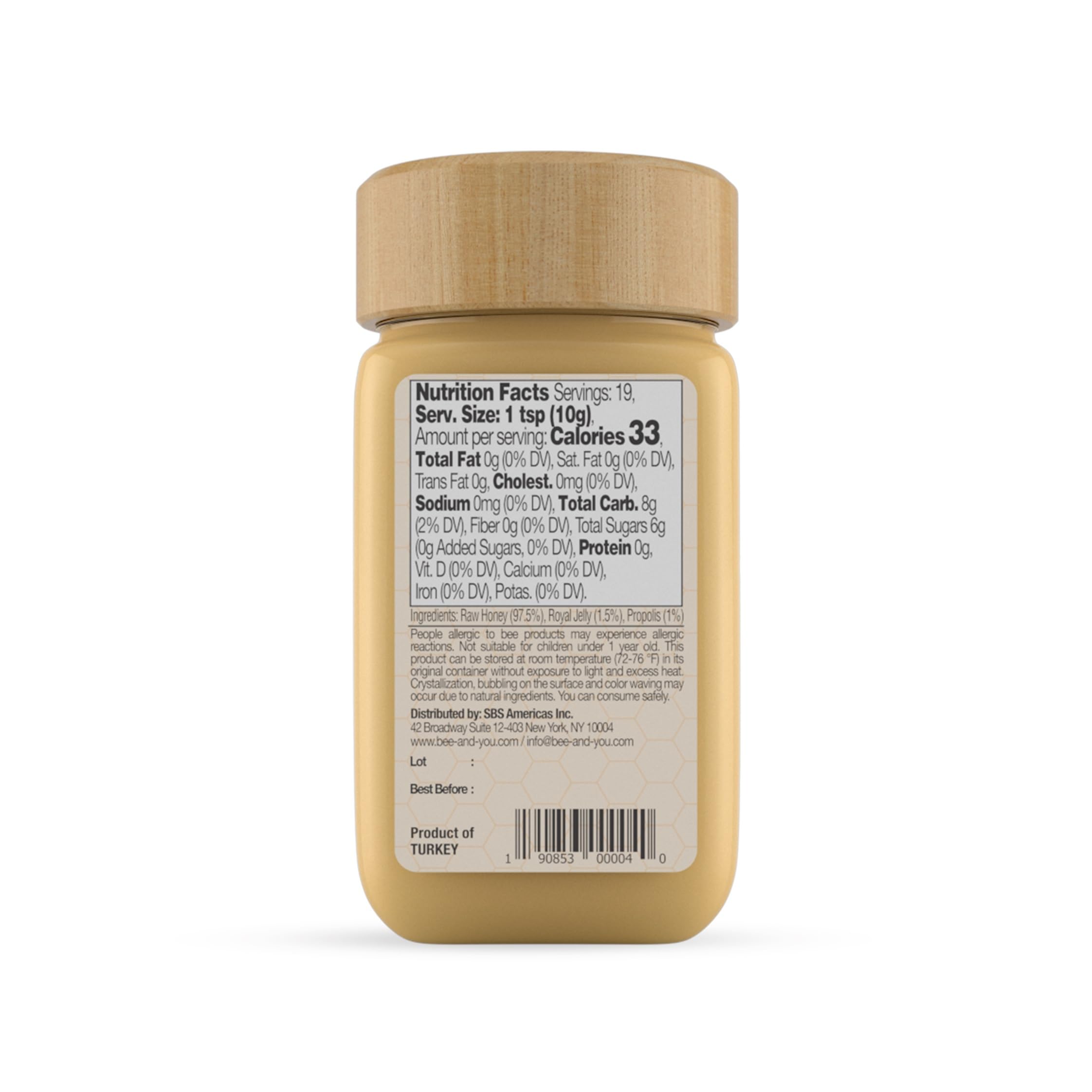 Bee and You Royal Jelly close-up showcases high-grade royal jelly blended with honey.