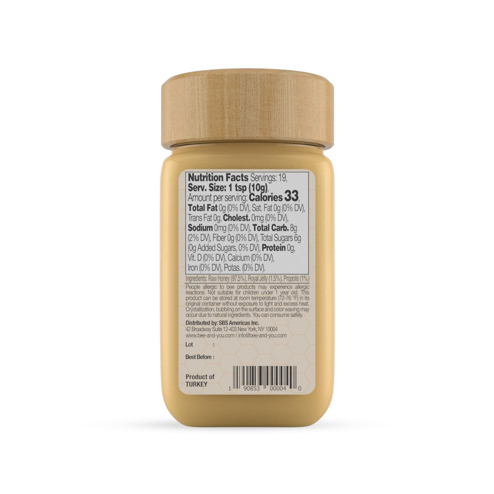 Bee and You Royal Jelly close-up showcases high-grade royal jelly blended with honey.
