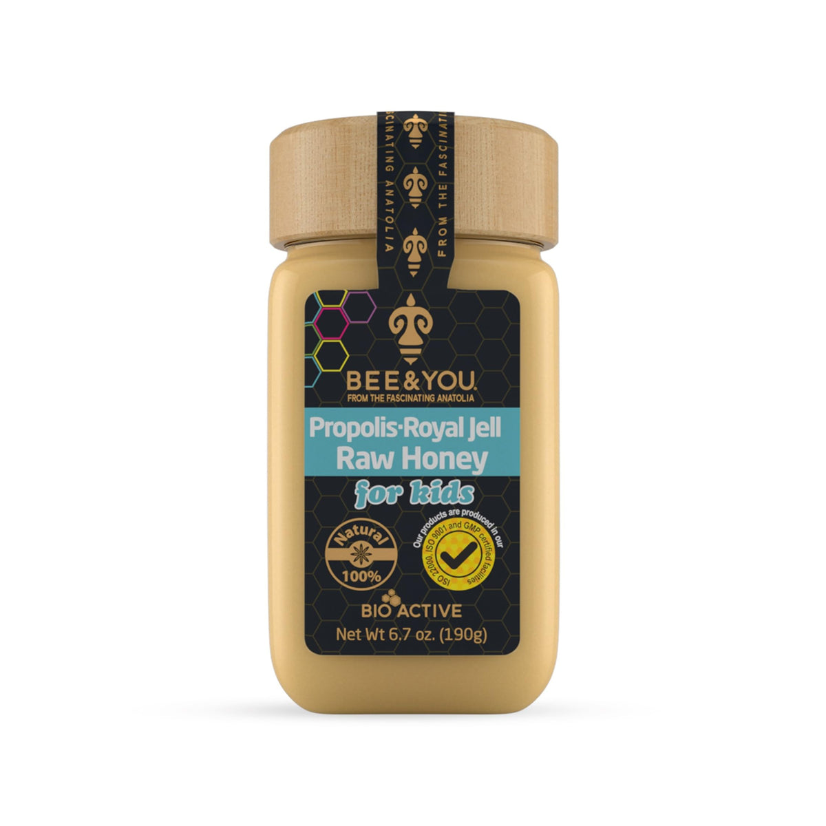 Bee and You Royal Jelly Raw Honey for Kids bottle highlights immune-supporting natural ingredients.