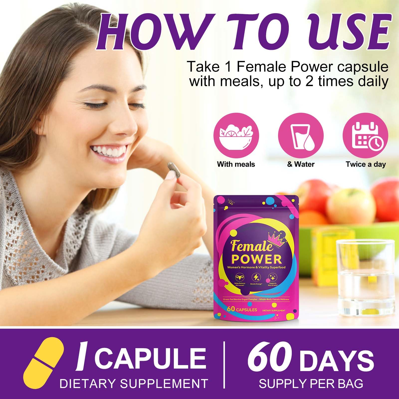 Beef Organ for Women energy-support capsules shown for daytime vitality.