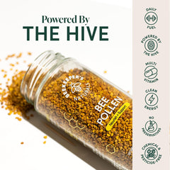 Beekeeper's Naturals bee pollen granules closeup texture highlights protein and essential amino acids.