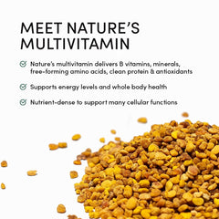 Beekeeper's Naturals bee pollen granules label detail shows raw, enzyme-preserved properties.