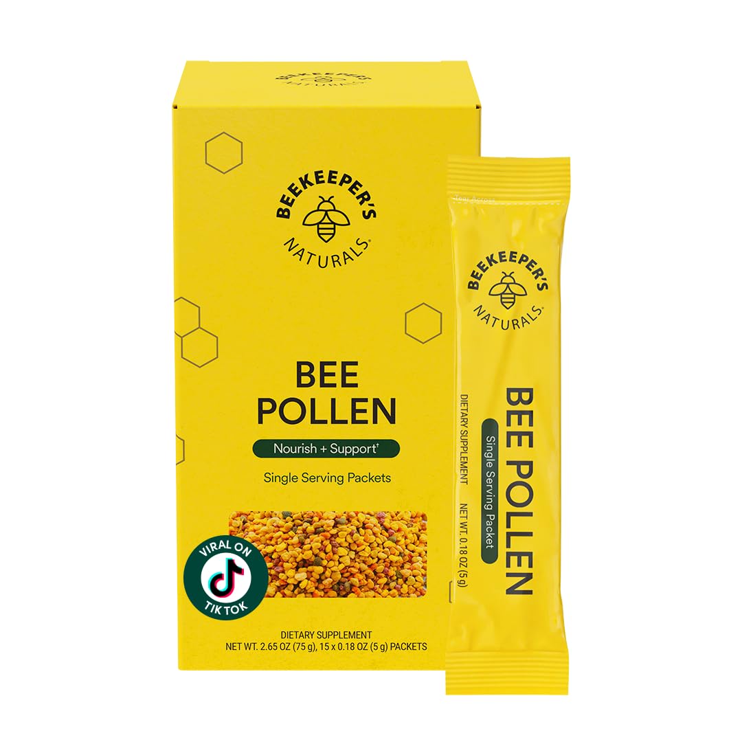 Beekeeper's Naturals bee pollen stick pack front view for convenient daily use.