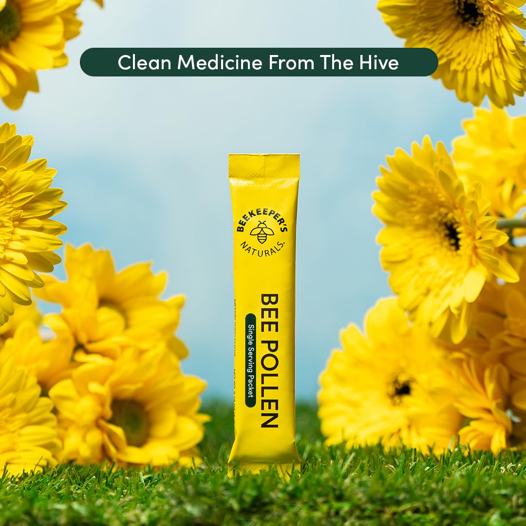 Beekeeper's Naturals bee pollen stick pack next to yogurt and fruit.
