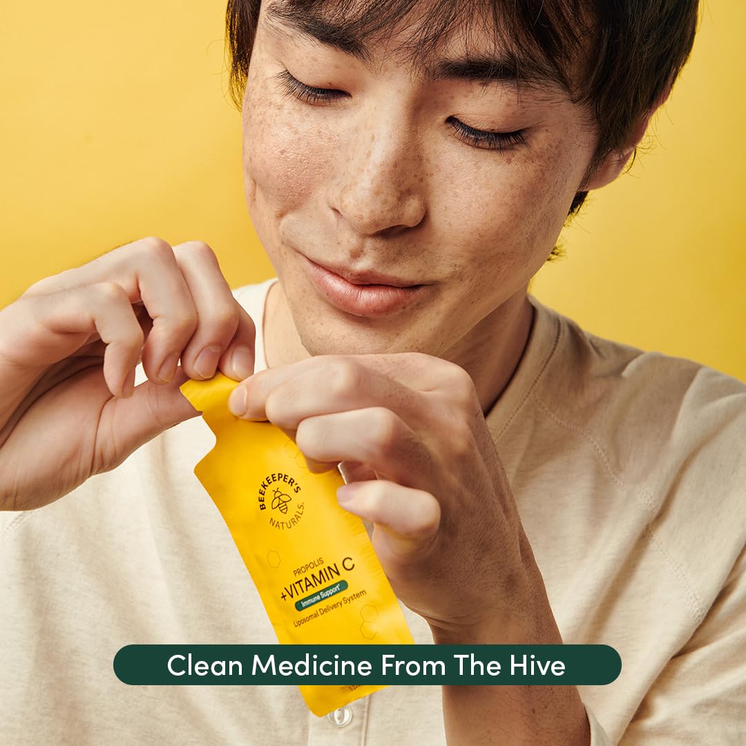 Beekeeper's Naturals bottle on kitchen counter beside packaging.