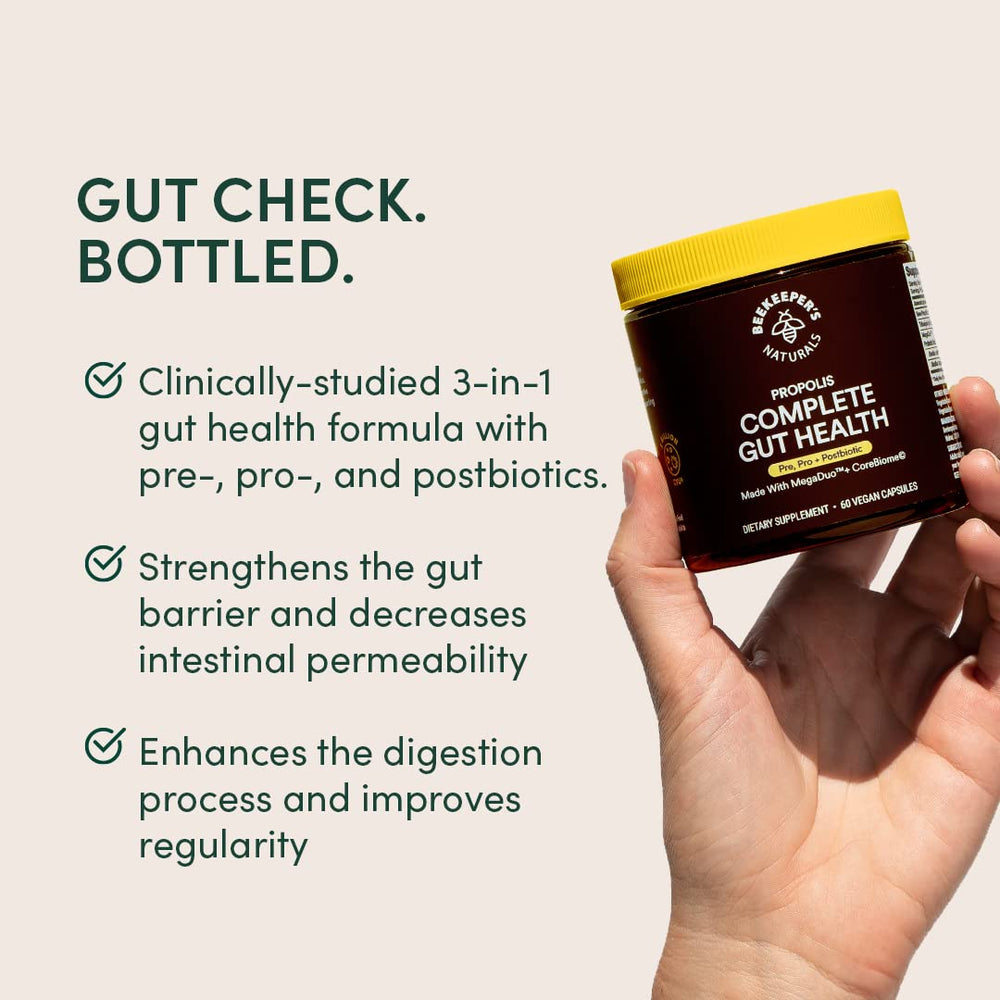 Beekeeper Naturals bottle on kitchen counter for everyday digestive wellness routine.