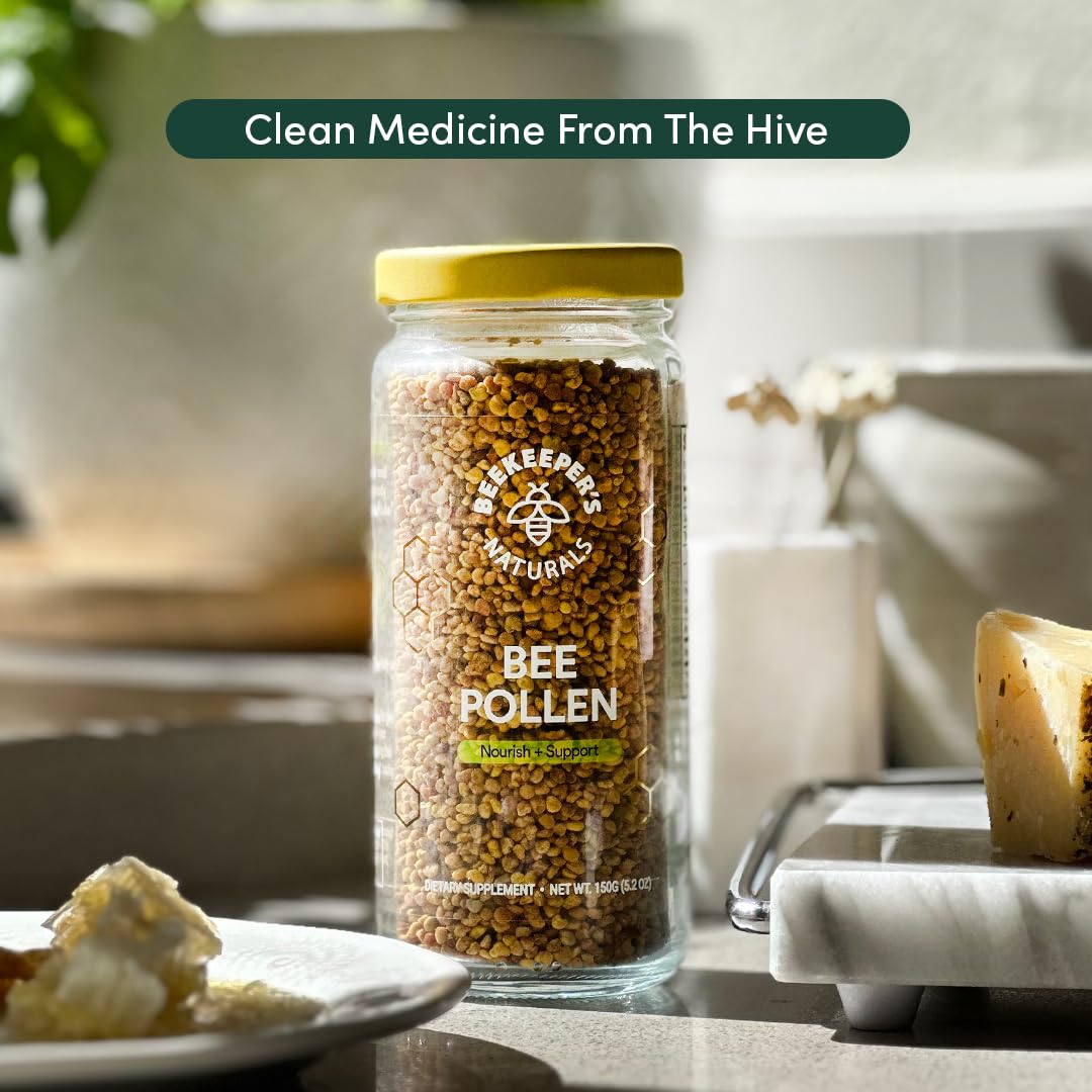 Beekeeper's Naturals bottle side view highlights paleo and keto friendly pollen.