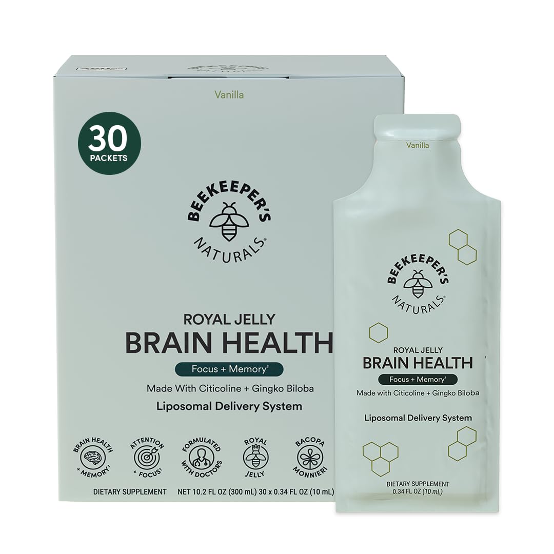 Beekeeper's Naturals Brain Health liposomal packets on bottle label for rapid absorption.