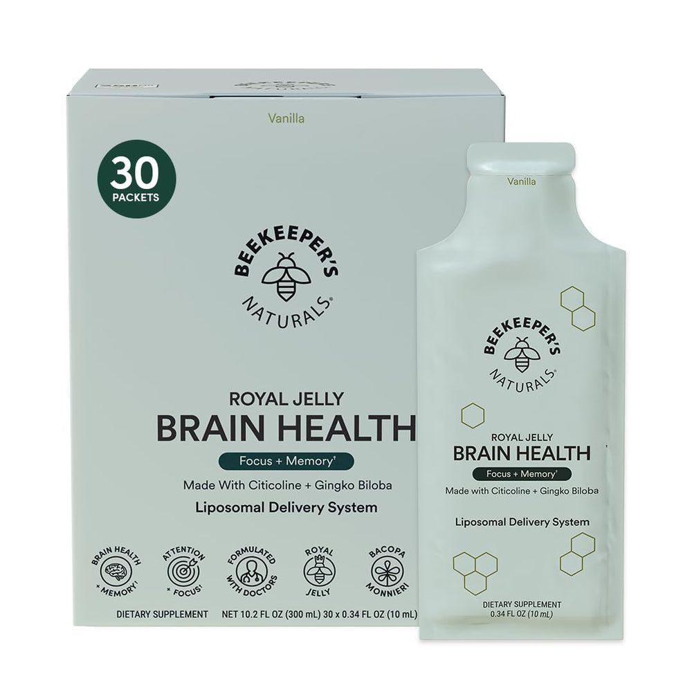 Beekeeper's Naturals Brain Health liposomal packets on bottle label for rapid absorption.