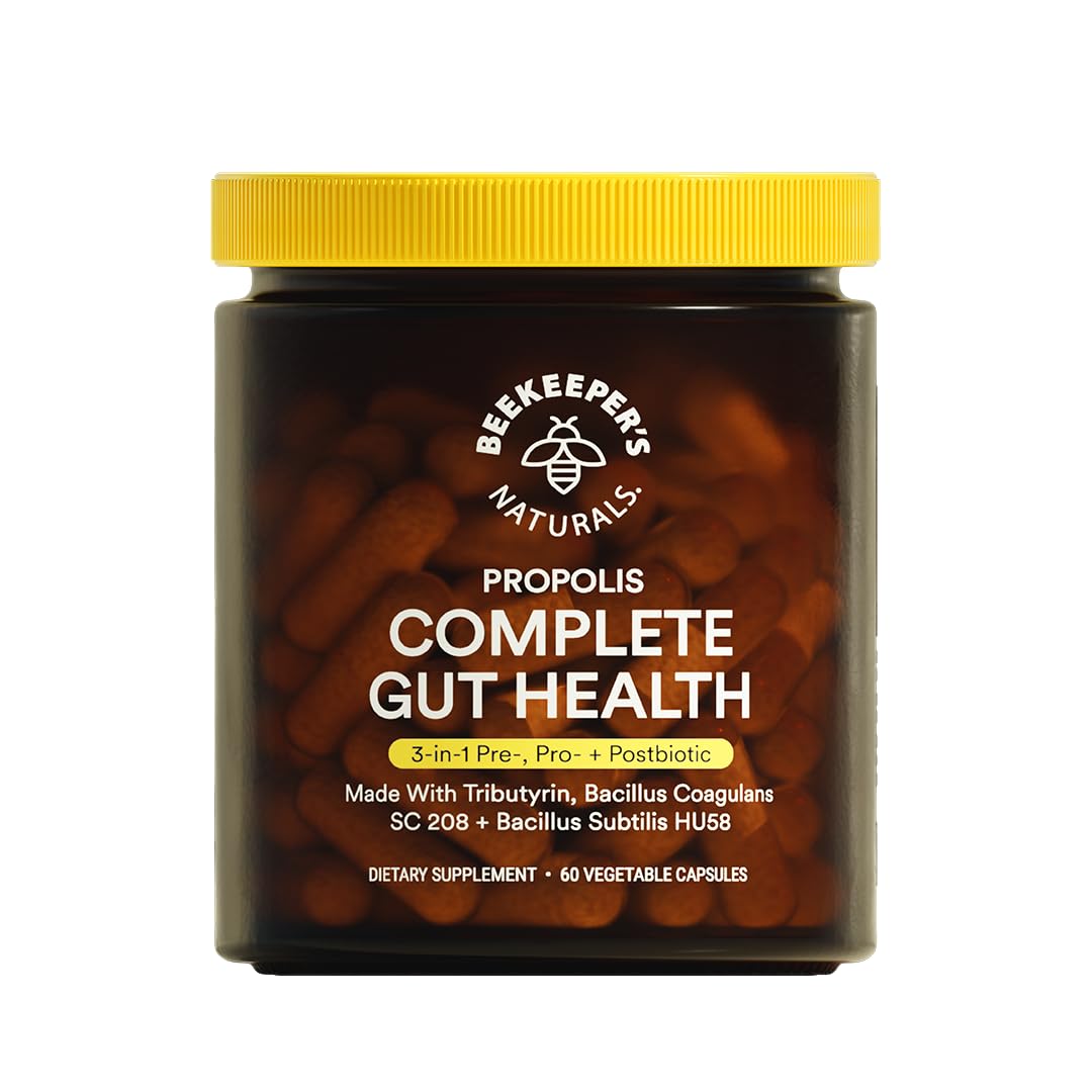 Beekeeper Naturals Complete Gut Health bottle front for daily gut balance support.
