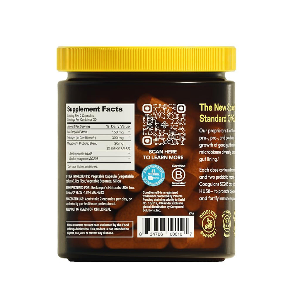 Beekeeper Naturals Complete Gut Health capsules closeup highlighting vegetarian-friendly formula.