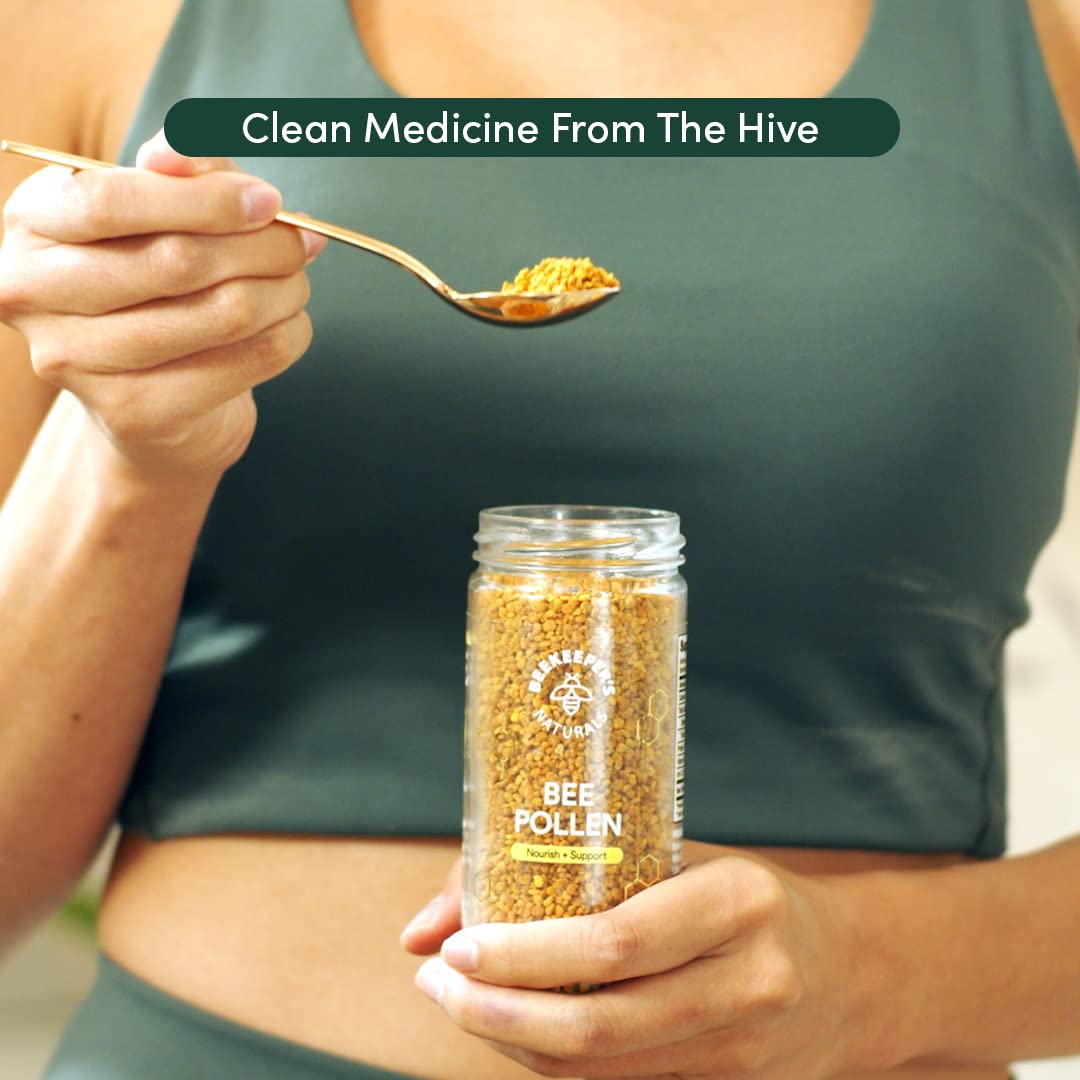 Beekeeper's Naturals glass jar packaging communicates clean, pesticide-free pollen.