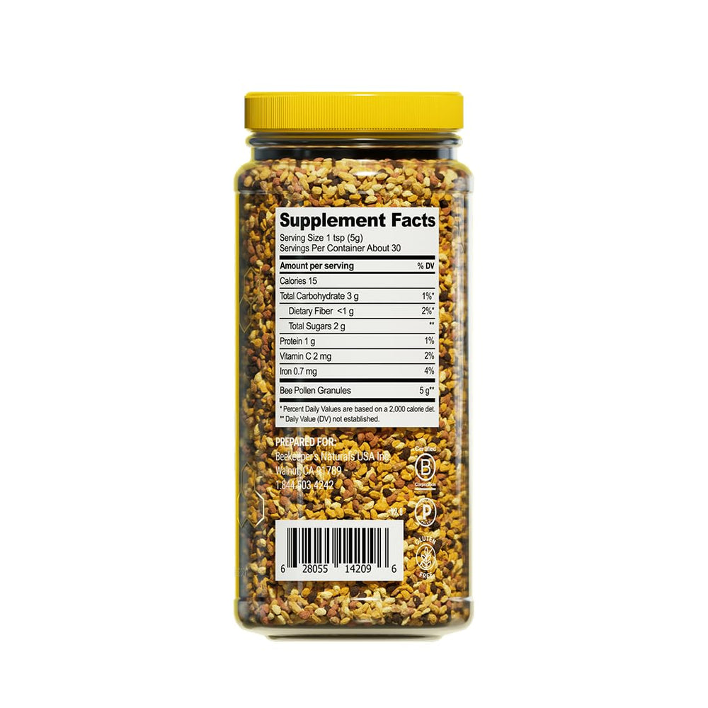 Beekeeper's Naturals bee pollen granules on kitchen counter show versatile usage.