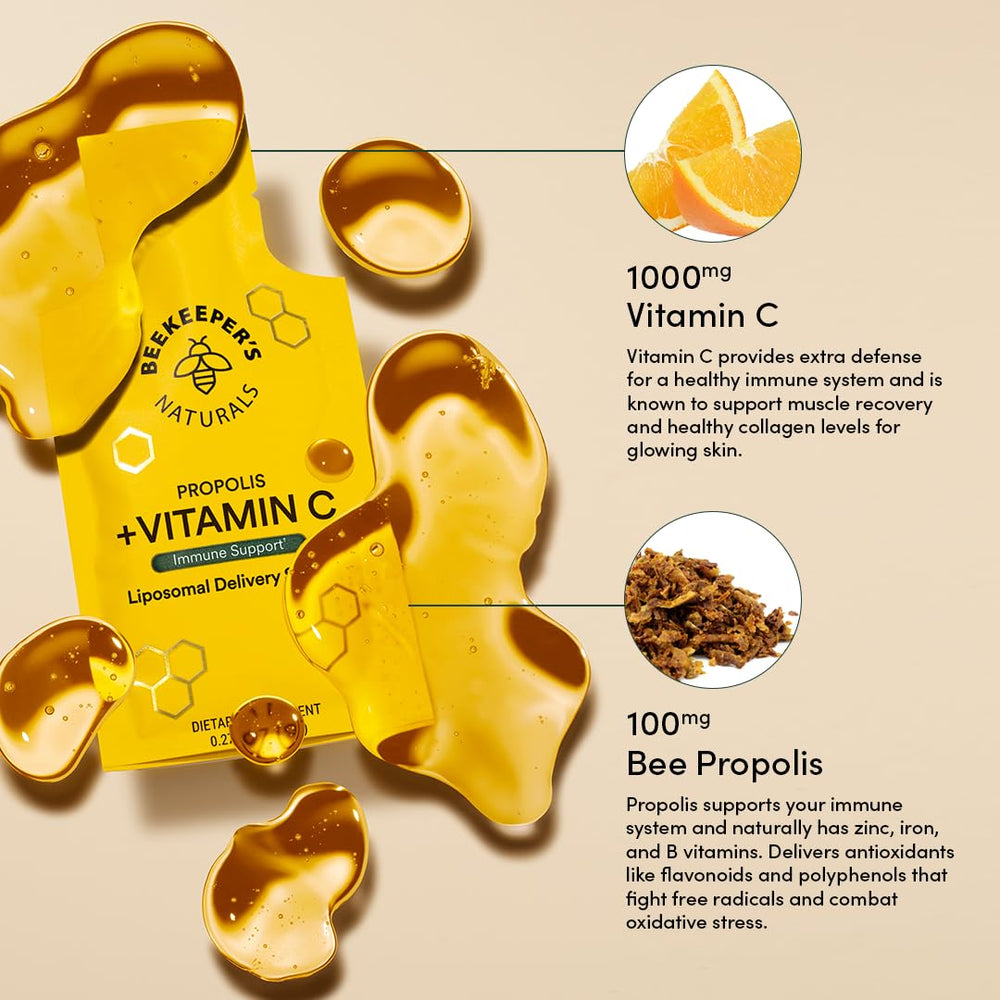 Beekeeper's Naturals propolis detail illustrating 300+ compounds and flavor notes.