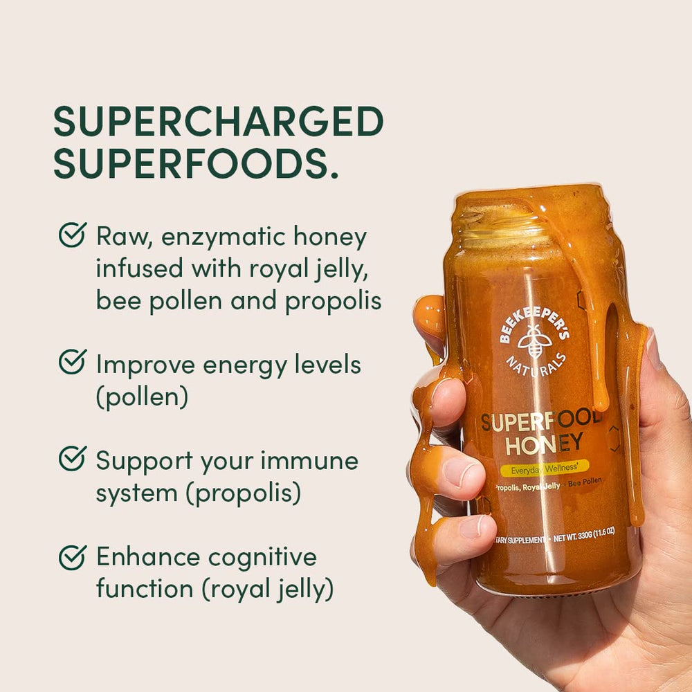 Beekeeper's Naturals Superfood Honey bee pollen in the blend for added nourishment.