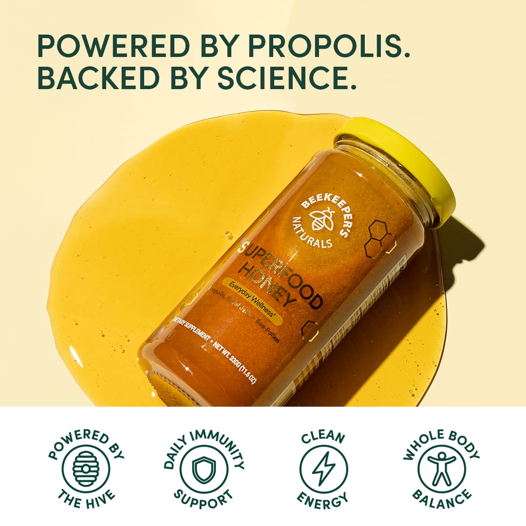 Beekeeper's Naturals Superfood Honey ingredients highlight propolis, royal jelly, bee pollen for holistic benefits.