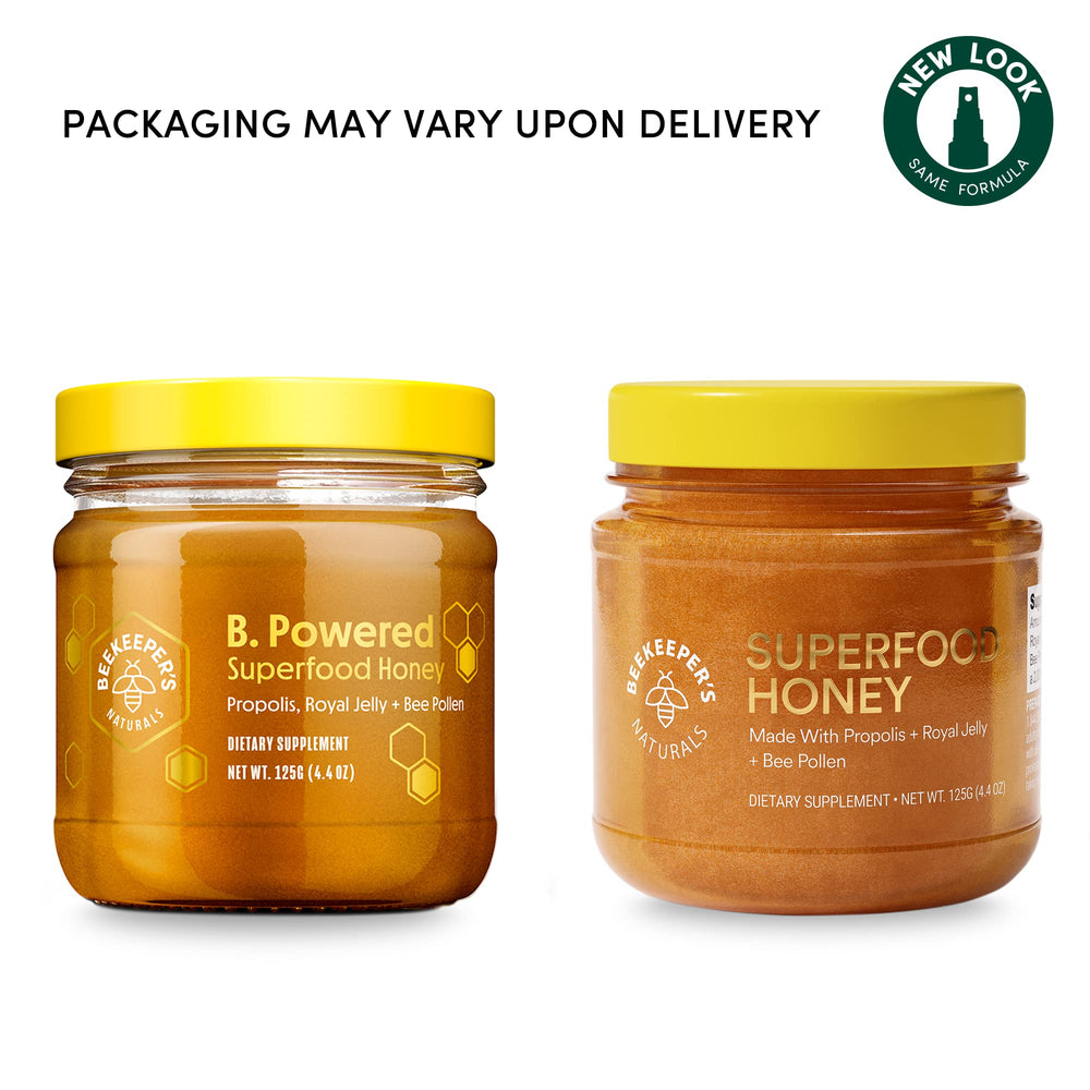 Beekeeper's Naturals Superfood Honey jar close-up showing texture and color