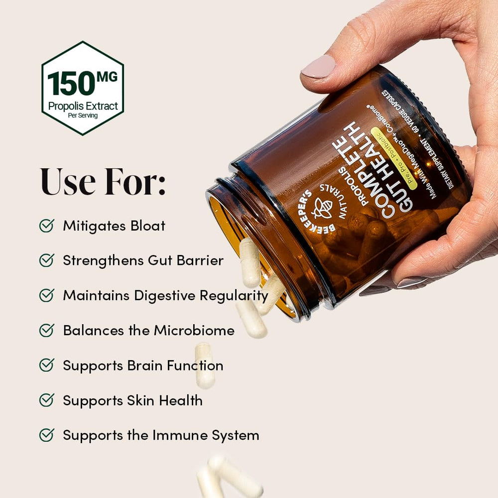 Beekeeper Naturals Vegetarian-friendly label highlights bee propolis-based formula.
