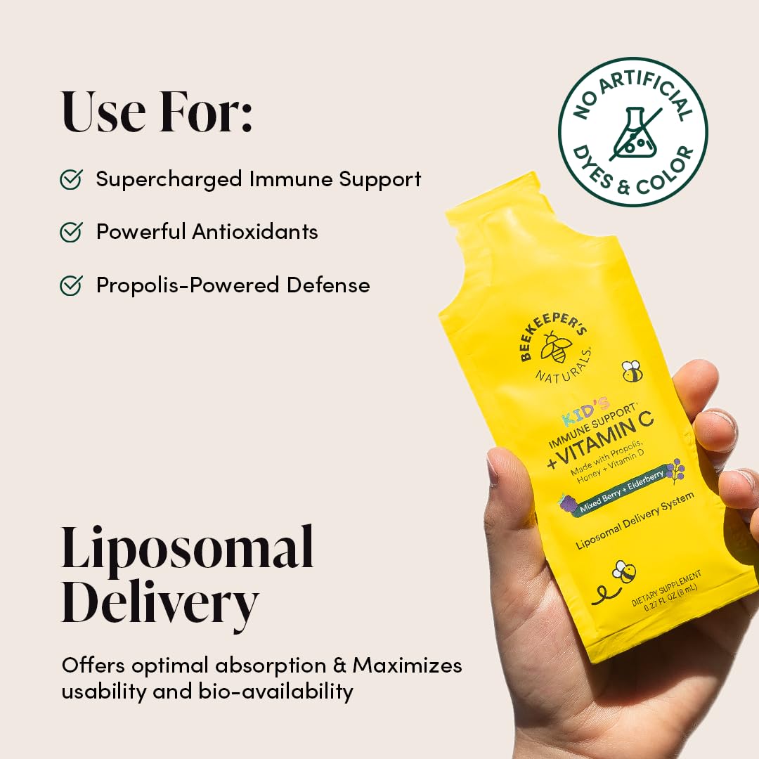Beekeeper's Naturals liposomal C sachets, berry flavor, easy squeeze for kids.
