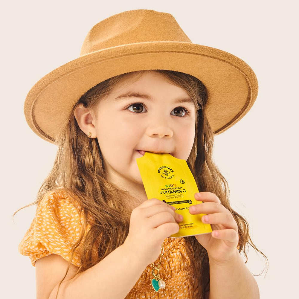Beekeeper's Naturals vitamin C with D and propolis, kid-friendly formula.