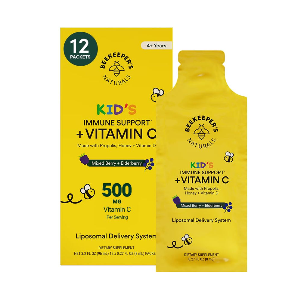 Beekeeper's Naturals Kid's Immune Liposomal Vitamin C packet, berry flavor, easy daily immune support.