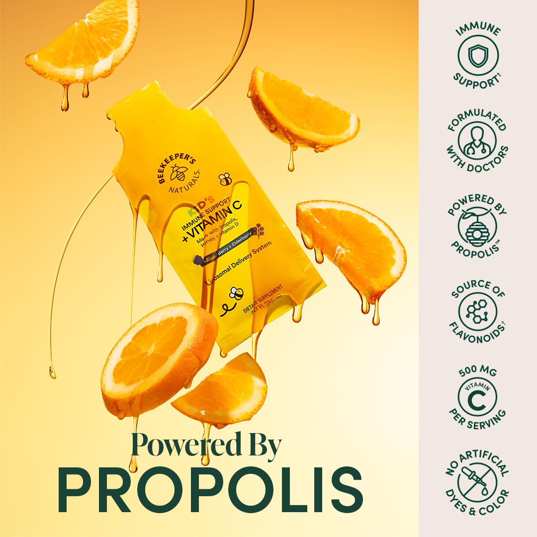 Beekeeper's Naturals Kid's Immune Liposomal Vitamin C sachets close-up, convenient daily vitamin C for busy mornings.