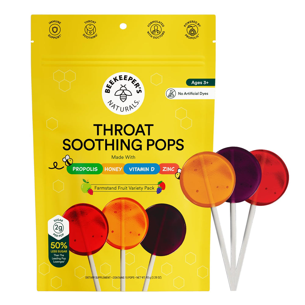 Beekeeper's Naturals Kids Throat Lollipops packaging shows clean ingredients for kid-friendly use.